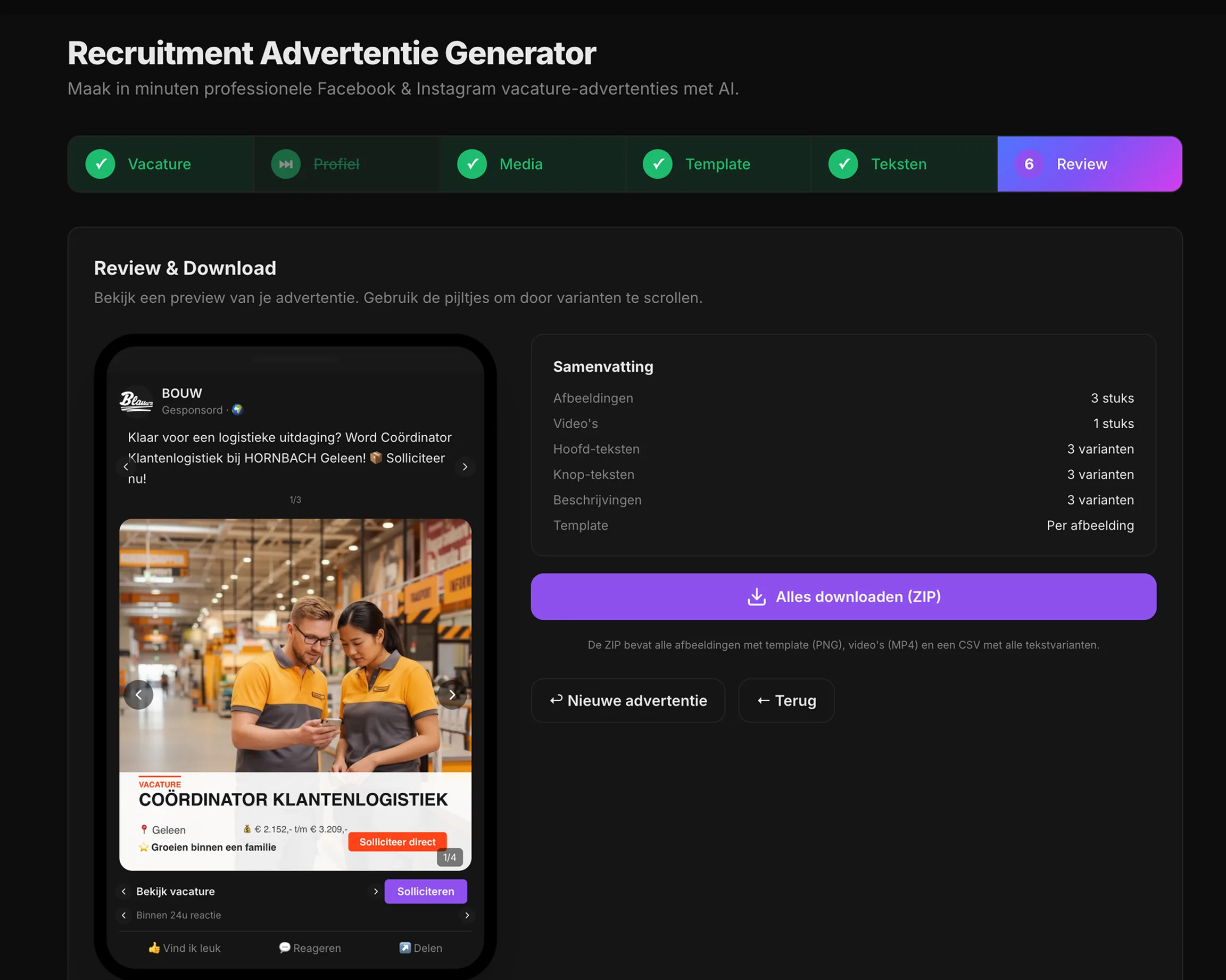 aiMarketeer Recruit, stap 8: Review & download Stap 8: Review & download. aiMarketeer Recruit recruitment marketing flow