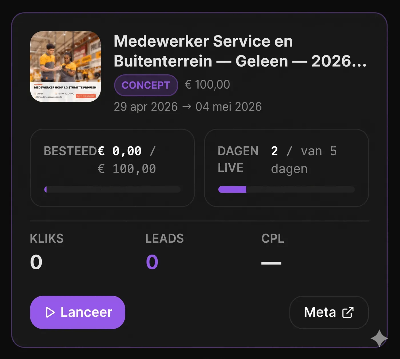 Recruitment marketing dashboard met live data en cost per lead Recruitment marketing campagne dashboard met live data, cost per lead en budget
